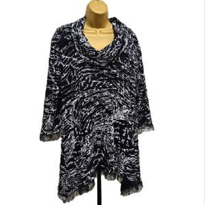 Burnout Music Cowl Tunic Womens XL Boho Black White Fringe Cut Out Whimsigoth